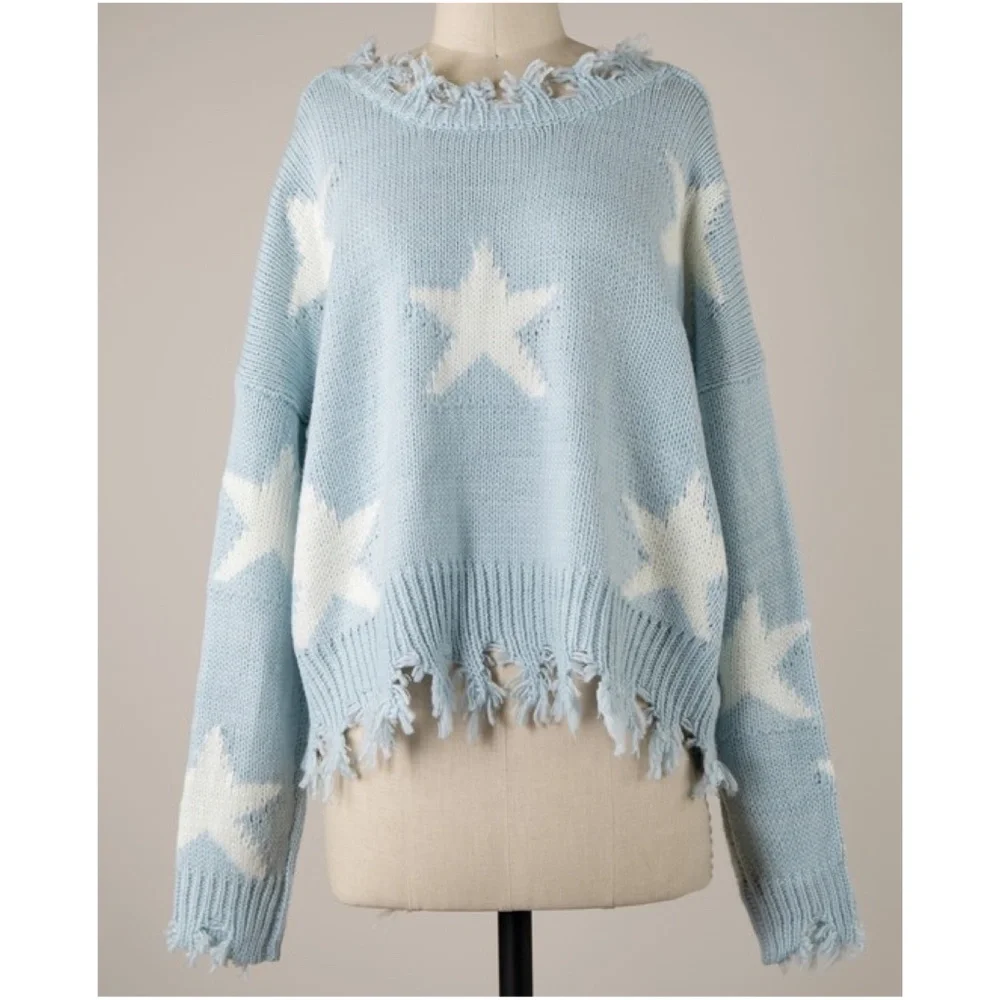 Cozy Distressed Star Print Sweater Top - Picture 4 of 12